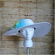 August Hat Company s Hat White w/ Yellow Ribbon Rose Turq. Ribbon Feathers  eb-67198747